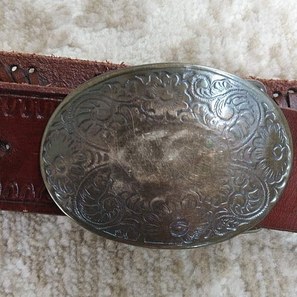 B-Low the Belt Tooled Leather Lacing Belt with Buckle Western Cowgirl 34 Brown - Picture 5 of 16